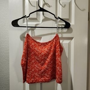 Red Crop top with white flower detailing and chain strap